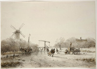 Z 067-09
<br/>
Bevroren rivier met schaatsers en een ophaalbrug.
<br/>
<em>Schelfhout, Andreas (1787-1870)</em>